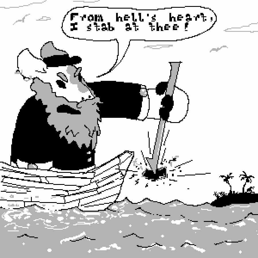 Cartoon of anthropomorphic bovine wearing a beard and whaling captain's garb, stabbing a smartphone with a whaling harpoon and shouting, 'From hell's heart, I stab at thee!'