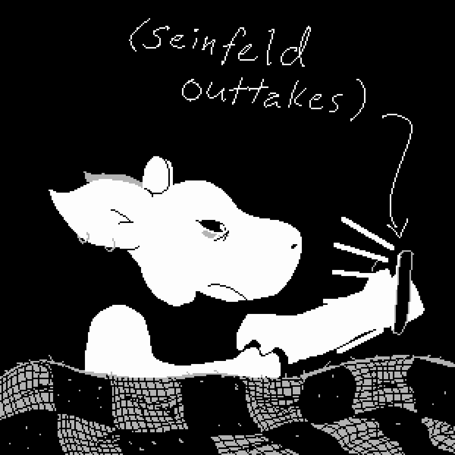 Cartoon of anthropomorphic bovine staring at a cell phone while lying in bed looking somewhat haggard. An arrow pointing at the cell phone is labeled 'Seinfeld outtakes.'