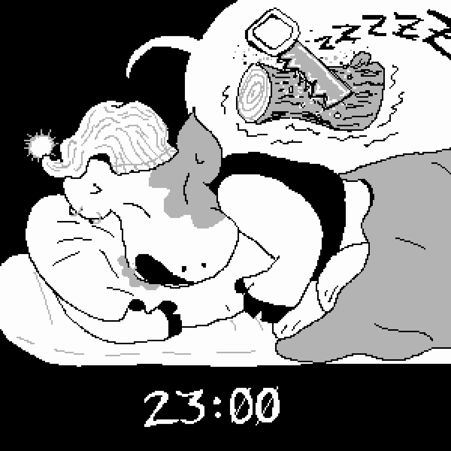 Cartoon of anthropomorphic bovine whose loud snoring is represented by the sawing of a log. It is 23 o'clock, or 11 PM.