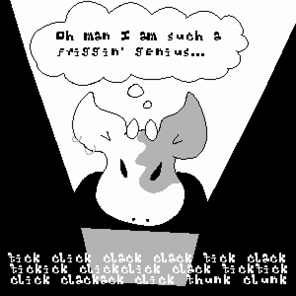 Cartoon of anthropomorphic bovine typing on a laptop computer in the dark, thinking, 'Oh man I am such a friggin genius'