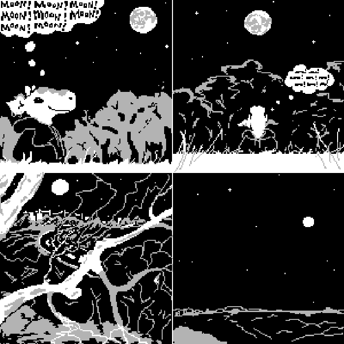 Panel one: Sycamore is outside on a clear night. It is a full moon. They stare rapturously, thinking, 'Moon! Moon! Moon! Moon! Moon! Moon! Moon! Moon!' Panel two: Our field of view zooms out. Sycamore is looking straight up at the moon. Their thought bubble remains but has not changed size and is indescernible. Panel three: the branches of a Sycamore tree obstruct our view of a winding forest road and the city and mountains that lie above it. Between the foliage, the moon is still visible. Panel four: a view from such a distance that even the features of the landscape are barely visible. The moon glows in the clear sky above.