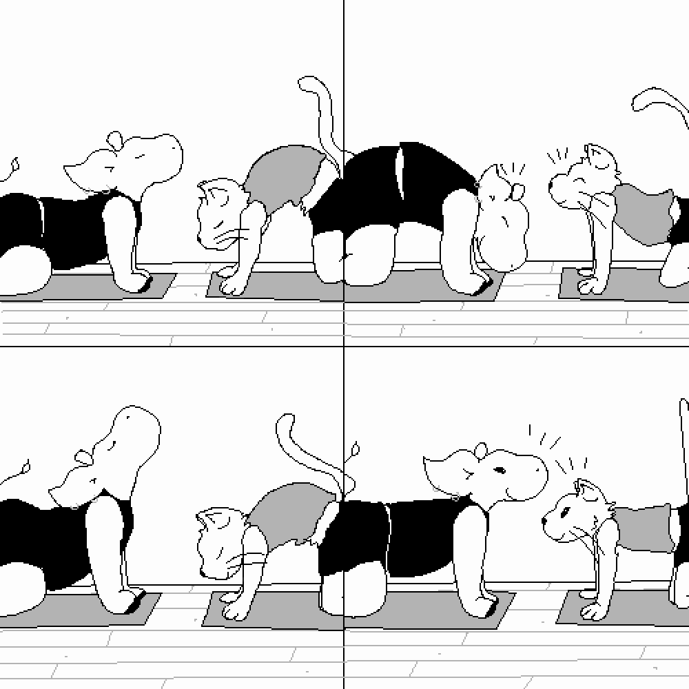 Four panel comic strip. An anthropomorphic bovine and an anthropomorphic cat are doing yoga. Amy, the bovine, is in 'cow' pose: hands and knees with the gaze cast upward, the back arched, and the elbows straight. Edwin, the cat, is in 'cat' pose: the same, but with the back arched downward and the neck and pelvis extending towards the mat. Panel two: they switch, Amy in cat pose and Edwin in cow. They both smile, eyes closed, in silent acknowledgement. Panel three: they switch again. Amy is going deeper into cow pose this time, back fully arched and neck elongated. Edwin, though now back in cat pose, is still smiling. Panel four: the two assume a neutral 'tabletop' with their spines straight and their torsos facing the mat. With eyes open, the meet each other's friendly gaze.